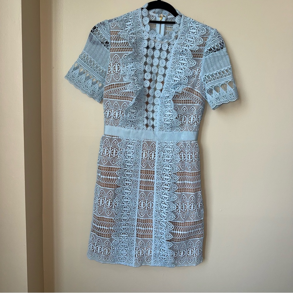 Self-Portrait Blue Spiral Panel Lace Mini Dress Guipure Size 4 - Picture 10 of 16